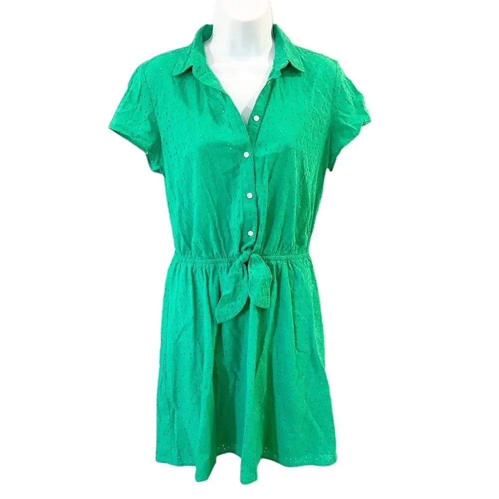 J Crew Mercantile Kelly Green Eyelet Cotton Dress with Tie Size Small - Picture 12 of 12